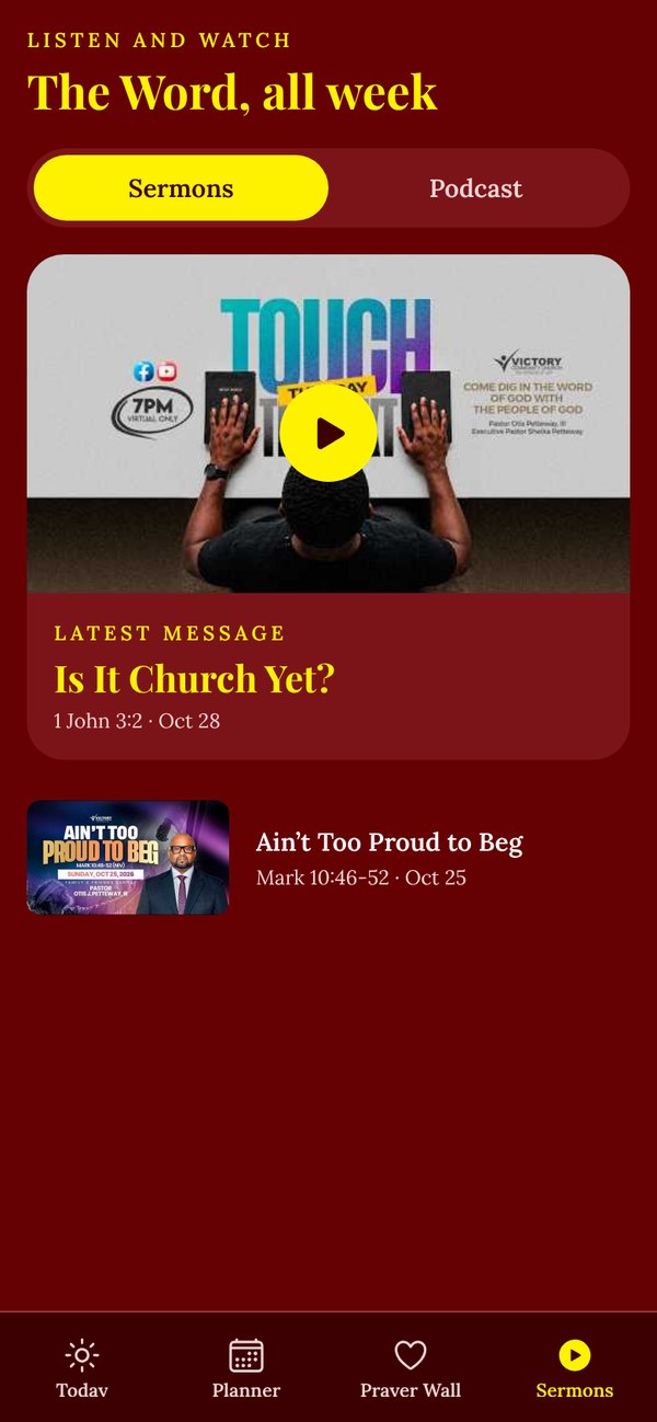 Sermons screen with recent messages