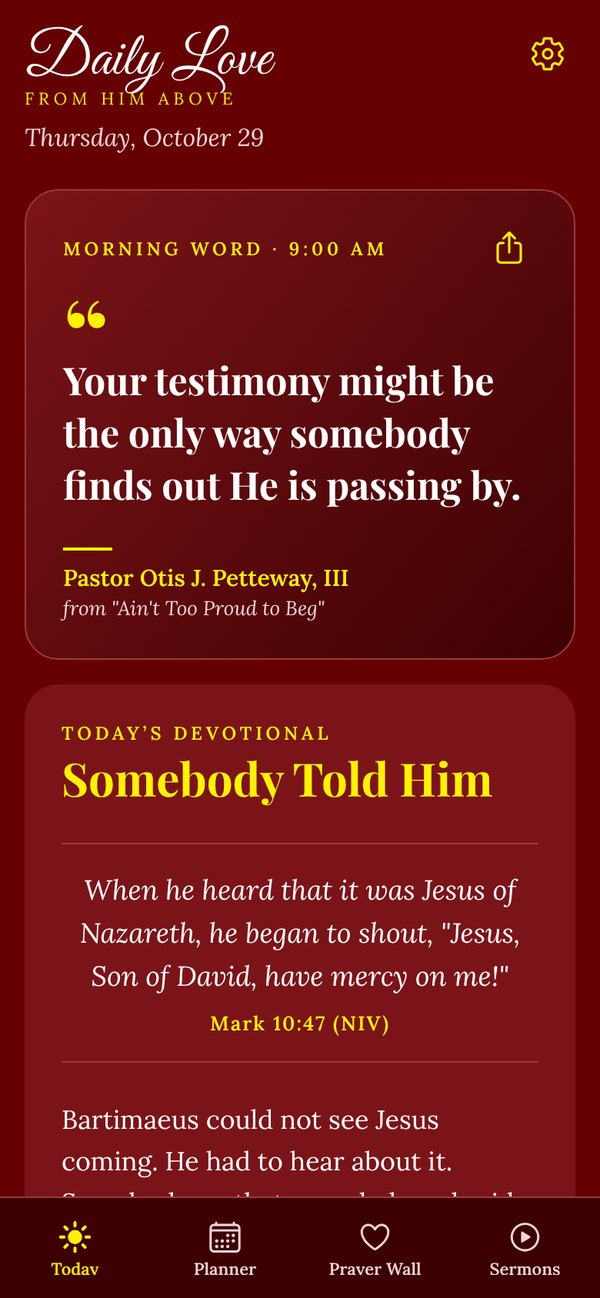 The Daily Love app's Today screen, showing the morning word and the day's devotional